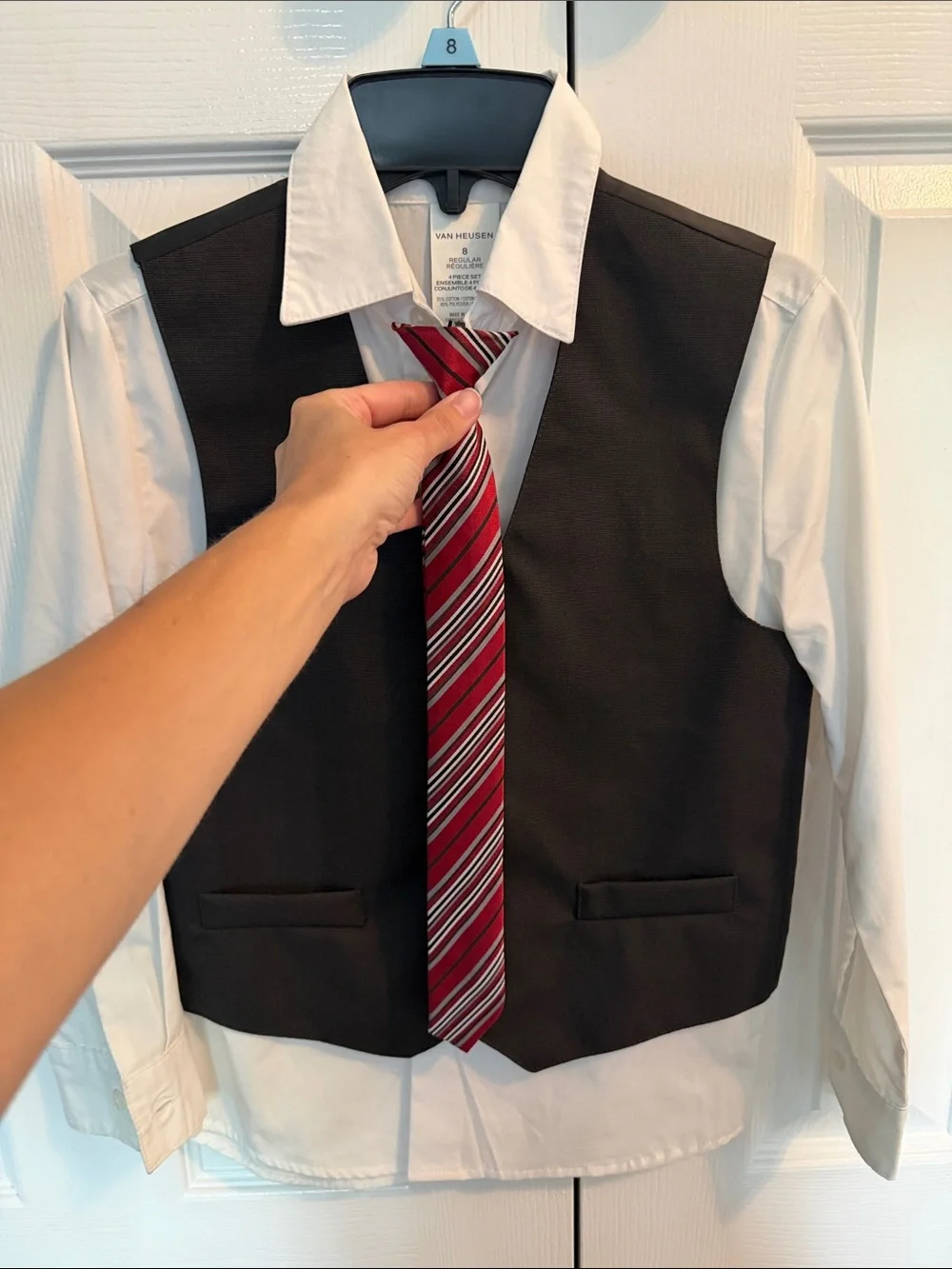 Van Heusen Black Vest and Pants Set with White Shirt and Red Striped Tie